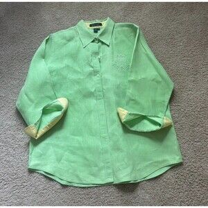 Women's Lauren Ralph Lauren 100% Linen Button Down Shirt Solid Green Size Large